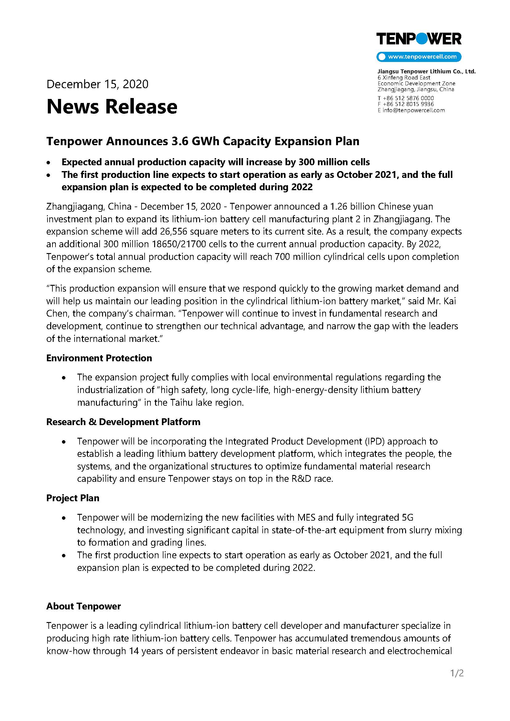 Tenpower Announces 3.6 GWh Capacity Expansion Plan - Document Download