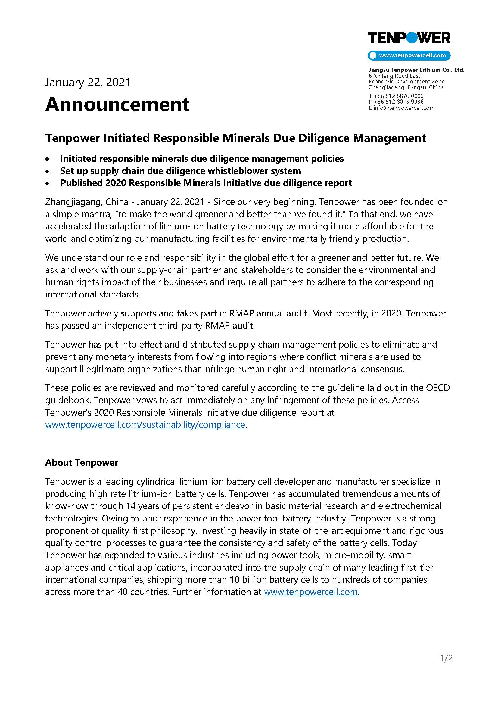 Tenpower Initiated Responsible Minerals Due Diligence Management - Document Download